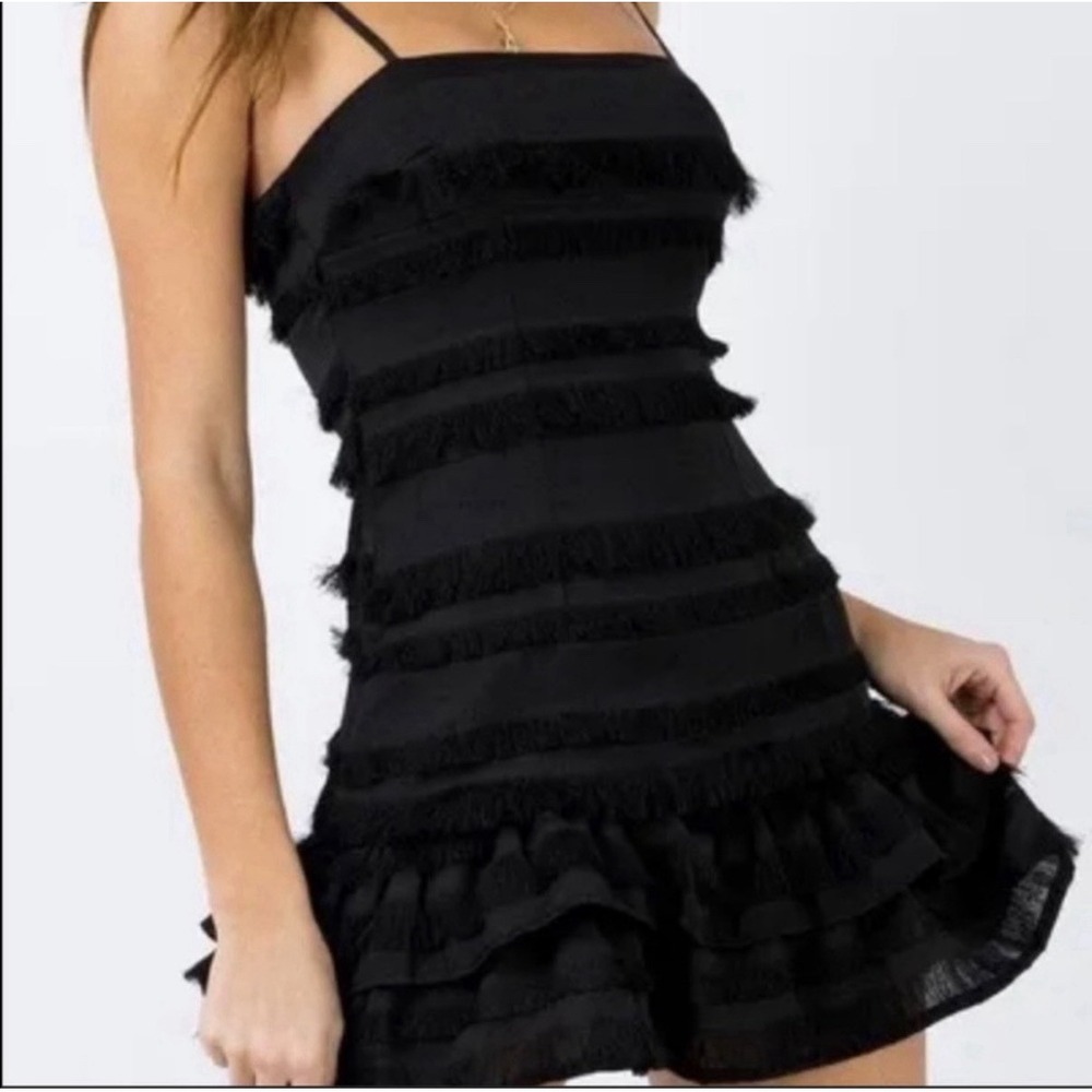 Princess Polly Fringe Mini Dress Women 6 Black Excellent Tiered Ruffle Bodycon